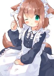  1girl ;t absurdres animal_ear_fluff animal_ears apron bangs black_dress blush brown_hair closed_mouth collared_dress commentary_request dress eyebrows_visible_through_hair frilled_apron frills green_eyes hair_between_eyes hand_up highres holding long_sleeves looking_at_viewer maid maid_apron maid_headdress manabe_mana mimikaki original pouch puffy_long_sleeves puffy_sleeves simple_background sleeves_past_wrists solo tail white_apron white_background 