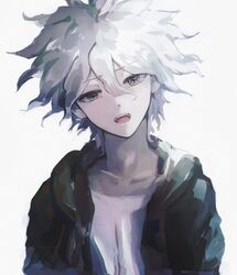  1boy a_po_(liuxiaobo0413) bangs collarbone dangan_ronpa_(series) dangan_ronpa_2:_goodbye_despair green_jacket grey_hair hair_between_eyes hood hood_down hooded_jacket jacket komaeda_nagito looking_at_viewer male_focus messy_hair open_clothes open_jacket open_mouth shirt simple_background sketch solo symbol_commentary upper_body upper_teeth white_background white_hair white_shirt 