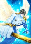  angel angel_wings angemon blonde_hair blue_background clenched_hand digimon digimon_(creature) digimon_adventure feathered_wings foreshortening gasshou gloves helmet highres long_hair multiple_wings toned wings 