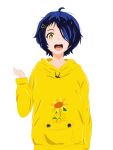  1girl :d absurdres ahoge blue_eyes blue_hair hair_over_one_eye hand_up heterochromia highres hood hoodie long_sleeves multicolored multicolored_eyes ooto_ai open_mouth short_hair simple_background smile solo sweater upper_body white_background wonder_egg_priority yellow_eyes 