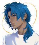  1boy alternate_skin_color blue-haired_boy_(how_to_draw_manga) blue_eyes blue_hair blue_shirt commentary dark_skin dark_skinned_male derivative_work english_commentary hair_intakes highres how_to_draw_manga jpeg_artifacts long_hair looking_at_viewer male_focus parted_lips ponytail roseflarea shiny shiny_hair shirt sidelocks simple_background sketch solo teeth tied_hair upper_body white_background 