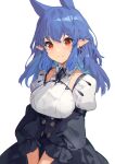  1girl akizone blue_hair breasts eyebrows_visible_through_hair highres long_hair looking_at_viewer medium_breasts original pointy_ears puffy_sleeves red_eyes smile solo upper_body white_background 