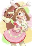  1girl animal_ears bangs blush brown_hair choker commentary_request egg eyelashes fake_animal_ears gen_4_pokemon grey_eyes hairband highres holding holding_egg looking_to_the_side lopunny may_(pokemon) moegi_itsukashi open_mouth pantyhose pokemon pokemon_(creature) pokemon_(game) pokemon_egg pokemon_masters_ex purple_choker shiny shiny_hair smile tongue wrist_cuffs yellow_hairband yellow_legwear 