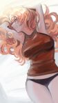  1girl armpits arms_up bangs bare_shoulders black_panties blonde_hair blue_eyes blurry breasts camisole commentary_request cowboy_shot depth_of_field eyebrows_visible_through_hair fang fujima_(k114) grin highres idolmaster idolmaster_cinderella_girls large_breasts long_hair looking_at_viewer lying on_back ootsuki_yui panties profile red_tank_top shiny shiny_hair shirt sleeveless smile solo tank_top underwear 
