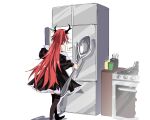  1girl arknights holding holding_spoon horns jacket kitchen long_hair meme parody refrigerator refrigerator_interior solo spoon stove suprii 