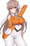  1girl absurdres arm_behind_head arm_up bangs bodysuit breasts brown_hair commentary_request covered_collarbone eyebrows_visible_through_hair furen_e_lustario hair_between_eyes hand_on_own_ass headgear highres kirikan long_hair looking_at_viewer medium_breasts nijisanji orange_bodysuit parted_lips red_eyes simple_background solo very_long_hair virtual_youtuber white_background white_bodysuit 