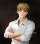  1boy armin_arlert bangs black_background blonde_hair blue_eyes buttons closed_mouth collared_shirt crossed_arms dress_shirt facial_mark highres jyundee looking_away male_focus shingeki_no_kyojin shirt short_hair simple_background sleeves_rolled_up solo spoilers upper_body white_shirt 