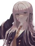  1girl bangs black_gloves blood blood_on_face blunt_bangs blush braid closed_mouth commentary_request dangan_ronpa:_trigger_happy_havoc dangan_ronpa_(series) eyebrows_visible_through_hair frown gloves hair_ribbon hand_in_hair hand_up highres jacket kirigiri_kyouko long_hair long_sleeves looking_at_viewer mochi_(yuriraru) necktie open_clothes open_jacket orange_neckwear pink_blood purple_hair purple_jacket ribbon serious side_braid simple_background single_braid solo upper_body violet_eyes white_background 