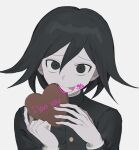  1boy :p bangs black_eyes black_hair black_jacket blood blood_on_face candy chocolate chocolate_heart dangan_ronpa_(series) dangan_ronpa_v3:_killing_harmony food gloves hair_between_eyes heart hhaharaa_(23454s) highres jacket long_sleeves looking_at_viewer male_focus official_alternate_costume ouma_kokichi pale_skin pink_blood short_hair simple_background smile solo tongue tongue_out upper_body white_background 