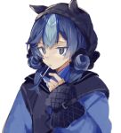  1girl animal_ears arknights bangs blue_eyes blue_hair blue_jacket candy commentary_request en_(shisui_no_utage) food food_in_mouth glaucus_(arknights) hair_between_eyes hood jacket lollipop long_hair long_sleeves looking_ahead multicolored_hair simple_background solo streaked_hair upper_body white_background 