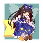 1girl :d bangs black_hair blue_bow blue_dress blue_neckwear blue_ribbon border bow brown_footwear brown_hair dress fairy_wings frilled_bow frills full_body green_background hair_bow hime_cut isu_(is88) juliet_sleeves long_hair long_sleeves looking_at_viewer neck_ribbon open_mouth pointing puffy_sleeves ribbon smile solo star_(symbol) star_print star_sapphire touhou white_border white_legwear wings 