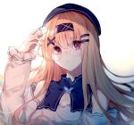  1girl 3874384829 beret bespectacled blonde_hair blue_hairband blue_headwear constellation_(warship_girls_r) eyebrows_visible_through_hair glasses hair_ornament hairband hairclip hat long_hair portrait red_eyes solo warship_girls_r x_hair_ornament 