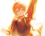  1boy 4_(nakajima4423) absurdres akehoshi_subaru backlighting black_shirt blush clenched_hand closed_eyes commentary_request constellation_print ensemble_stars! eyebrows_visible_through_hair grin highres jacket jewelry keychain long_sleeves male_focus necklace orange_hair orange_jacket orange_theme shirt short_hair simple_background smile solo star_(symbol) star_necklace sweat teeth upper_body white_background zipper 