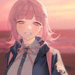  1girl backpack bag bangs black_jacket black_shirt blunt_bangs blurry blurry_background blush breasts collared_shirt dangan_ronpa_(series) dangan_ronpa_2:_goodbye_despair dress_shirt eyebrows_visible_through_hair flipped_hair grey_shirt grin hair_ornament hairclip half-closed_eyes hand_up hood hood_down hooded_jacket jacket large_breasts looking_at_viewer medium_hair nanami_chiaki neck_ribbon ohisashiburi open_clothes open_jacket pink_eyes pink_hair portrait ribbon shirt sleeves_past_wrists smile solo spaceship_hair_ornament two-tone_shirt upper_body 