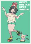  1girl absurdres beanie border commentary eyelashes gen_7_pokemon green_background green_shorts grey_eyes hands_up hat highres leg_up looking_at_viewer medium_hair mimikyu parted_lips pokemon pokemon_(creature) pokemon_(game) pokemon_sm pose red_headwear saiku_(zvlku) selene_(pokemon) shiny shiny_skin shirt shoes short_shorts short_sleeves shorts smile standing standing_on_one_leg tied_shirt white_border yellow_shirt 