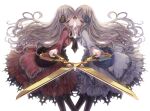  2girls ascot dress engraved frills hair_ornament highres holding_hands jewelry long_hair looking_at_viewer missile228 multiple_girls nail_polish original red_eyes scissor_blade silver_hair 