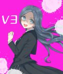  1girl :d absurdres bangs black_hair black_jacket black_skirt blue_eyes breasts commentary_request cowboy_shot dangan_ronpa_(series) dangan_ronpa_v3:_killing_harmony floating_hair from_side glasses hand_up highres jacket long_hair long_skirt long_sleeves looking_at_viewer medium_breasts open_mouth parted_bangs pink_background raimone_(nekokirinv3) shirogane_tsumugi shirt simple_background skirt smile solo upper_teeth very_long_hair white_shirt 