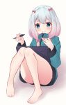  1girl absurdres ass bangs bare_legs barefoot bitseon blush bow closed_mouth commentary_request drawing_tablet eromanga_sensei full_body green_jacket grey_hair hair_bow highres holding holding_pen izumi_sagiri jacket long_hair long_sleeves looking_at_viewer low_twintails pen pink_bow sitting solo stylus twintails 