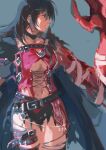  1girl 2019 bandaged_arm bandages bangs belt black_cape black_choker black_hair blue_background breasts cape center_opening choker claws closed_mouth commentary garmmy long_hair navel shorts solo tales_of_(series) tales_of_berseria thigh-highs torn_cape torn_clothes torn_legwear torn_shorts under_boob velvet_crowe yellow_eyes 