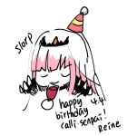  1girl alcohol black_cape cape closed_eyes cup doodle drinking_glass english_commentary happy_birthday hat holding holding_cup hololive hololive_english looking_down mori_calliope party_hat pavolia_reine_(artist) pink_hair smile solo spikes tiara veil virtual_youtuber white_background wine wine_glass 