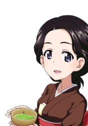  1girl black_eyes black_hair black_kimono bowl commentary girls_und_panzer green_tea hamada_kiyo holding holding_bowl japanese_clothes key_(gaigaigai123) kimono looking_at_viewer low_ponytail medium_hair obi open_mouth sash simple_background smile solo tea white_background 