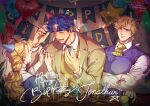  1girl 2boys birthday_cake birthday_party blonde_hair blue_hair blush cake closed_eyes collared_shirt couple dio_brando erina_pendleton food formal happy happy_birthday jojo_no_kimyou_na_bouken jonathan_joestar long_hair meng_bu_chong multiple_boys necktie phantom_blood ponytail shirt suit sweater_vest white_shirt 