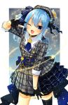  1girl absurdres amane_(amnk1213) ascot bangs beret black_choker black_legwear blue_eyes blue_hair blue_nails blue_neckwear bracelet choker commentary_request fingernails gloves hat highres hololive hoshimachi_suisei jacket jewelry looking_at_viewer nail_polish one_eye_closed open_mouth partially_fingerless_gloves plaid plaid_jacket single_thighhigh skirt solo star_(symbol) star_choker star_in_eye symbol_in_eye thigh-highs v virtual_youtuber wing_collar 