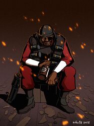  1boy alcohol bottle dark_skin dark_skinned_male embers explosive eyepatch grenade grenade_launcher hat looking_at_viewer male_focus sitting smirk team_fortress_2 the_demoman weapon whiskey who93 