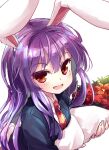  1girl :d animal_ears bangs black_jacket blazer bouquet closed_mouth collared_shirt flower holding holding_bouquet isu_(is88) jacket long_hair looking_at_viewer necktie open_mouth purple_hair rabbit_ears rabbit_tail red_eyes red_flower red_necktie reisen_udongein_inaba shirt simple_background smile tail touhou upper_body white_background white_shirt 
