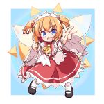  1girl :d ascot bangs black_footwear blue_background border bow dress fairy_wings fang full_body hair_ribbon headdress isu_(is88) looking_at_viewer open_mouth orange_hair red_dress red_ribbon ribbon short_hair simple_background smile solo sunny_milk touhou twintails w white_border white_bow white_legwear wide_sleeves wings yellow_neckwear 