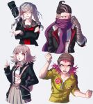  2boys 2girls arm_up bandaged_arm bandaged_hand bandages bangs black_headwear black_jacket black_shirt blush braid clenched_hand collared_shirt commentary_request crossed_arms dangan_ronpa_(series) dangan_ronpa_2:_goodbye_despair derivative_work dress_shirt flipped_hair glasses grey_hair gwanlamcha hair_ornament hair_ribbon hairclip hand_up hat heterochromia highres hood index_finger_raised jacket light_brown_hair long_hair long_scarf long_sleeves looking_at_viewer looking_away medium_hair multicolored_hair multiple_boys multiple_girls nanami_chiaki neck_ribbon neckerchief open_clothes open_jacket open_mouth pale_skin pekoyama_peko pink_eyes pink_ribbon print_shirt purple_scarf ribbon rimless_eyewear sailor_collar scarf school_uniform shirt shirt_tucked_in short_hair side_braid simple_background skirt sleeves_past_wrists sleeves_pushed_up smile souda_kazuichi spaceship_hair_ornament tanaka_gandamu tears twin_braids two-tone_hair two-tone_shirt undercut upper_teeth white_background white_ribbon white_shirt yellow_jumpsuit 