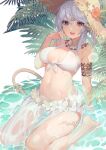  1girl :d absurdres akizone arm_support armlet au_ra bare_shoulders barefoot bikini breasts brown_headwear caustics cheeze_(akizone) dragon_horns dragon_tail fang final_fantasy final_fantasy_xiv front-tie_bikini front-tie_top hand_up hat highres horns looking_at_viewer medium_breasts navel open_mouth plant sarong short_hair silver_hair sitting smile solo stomach straw_hat swimsuit tail thighs water white_background white_bikini yellow_eyes 