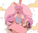  1girl basket bow buttons clouds dark_skin easter_egg egg frills gloves highres linmiee lipstick long_hair makeup moon purple_hair reisen_udongein_inaba skirt solo star_(symbol) tan touhou very_long_hair white_gloves 