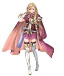  1girl armor arrow_(projectile) asymmetrical_gloves bangs belt blonde_hair boots braid cape elbow_gloves fire_emblem fire_emblem:_the_blazing_blade fire_emblem_heroes full_body gloves highres long_hair looking_at_viewer louise_(fire_emblem) official_art open_mouth purple_legwear quiver ran&#039;ou_(tamago_no_kimi) shiny shiny_hair shoulder_armor simple_background skirt sleeveless smile solo standing thigh-highs thigh_boots tied_hair transparent_background violet_eyes white_footwear zettai_ryouiki 