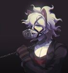  1boy animal_ears bangs black_background black_jacket blue_eyes cat_ears chain collar collarbone crossed_arms dangan_ronpa_(series) dangan_ronpa_another_episode:_ultra_despair_girls fake_animal_ears fang gloves gradient gradient_background grey_hair gwanlamcha holding holding_chain jacket komaeda_nagito long_sleeves looking_at_viewer male_focus metal_collar muzzle official_alternate_costume open_clothes open_jacket open_mouth pale_skin restrained shirt solo striped striped_gloves striped_shirt upper_body 