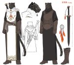  1boy animal_ears arms_at_sides belt boots brown_footwear character_sheet chorefuji clenched_hands closed_mouth commentary_request dream_catcher ear_piercing furry hood hood_down male_focus multiple_views original partially_colored piercing robe sheath sheathed smile standing sword tail tezka_(chorefuji) weapon 