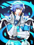  1boy absurdres armor bangs blue_eyes blue_hair character_request cowboy_shot gloves hand_up highres litchi_(taechiii2) looking_at_viewer male_focus parted_lips solo standing swept_bangs wangzhe_rongyao white_gloves 