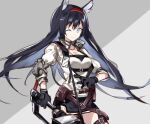  1girl animal_ears arknights bangs black_gloves black_hair blaze_(arknights) blue_eyes breasts cat_ears closed_mouth commentary_request cowboy_shot en_(shisui_no_utage) eyebrows_visible_through_hair gloves hair_between_eyes hairband holding holding_weapon jacket long_hair looking_at_viewer one_eye_closed red_hairband smile solo weapon white_jacket 