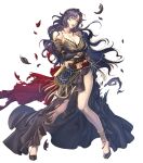  1girl bangs bare_shoulders black_dress black_hair breasts dress fire_emblem fire_emblem:_the_blazing_blade fire_emblem_heroes full_body high_heels highres large_breasts makeup official_art pale_skin solo sonia_(fire_emblem) transparent_background yellow_eyes 