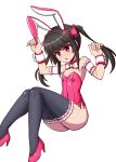  1girl animal_ears black_hair black_legwear bow bowtie bunny_tail commentary_request detached_collar flat_chest frilled_armband frilled_legwear high_heels leotard long_hair playboy_bunny rabbit_ears red_eyes red_footwear red_leotard senki_zesshou_symphogear simple_background sitting solo strapless strapless_leotard tail thigh-highs tsukuyomi_shirabe twintails white_background white_neckwear wrist_cuffs zetsumu 