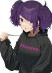  1girl :o bangs black_hoodie blush clothes_writing diagonal_bangs drawstring_pull ear_piercing earrings eyebrows_visible_through_hair highres hood hoodie idolmaster idolmaster_shiny_colors italian_text jewelry long_sleeves looking_at_viewer noeru open_mouth piercing purple_hair short_hair short_twintails simple_background solo tanaka_mamimi translated twintails upper_body violet_eyes white_background 
