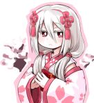  1girl cherry_blossoms detached_sleeves exice-zero fingers_together grey_hair hair_between_eyes hair_ribbon highres japanese_clothes kimono kugelschreiber long_hair low_twintails original ribbon solo twintails upper_body 