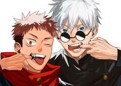  2boys bangs black_hair black_jacket blue_eyes brown_eyes brown_hair eyelashes facial_mark gojou_satoru hair_between_eyes hand_up hood hood_down hoodie itadori_yuuji jacket jujutsu_kaisen looking_at_viewer male_focus mirin_(coene65) mouth_pull multiple_boys one_eye_closed open_mouth red_hoodie round_eyewear short_hair simple_background sunglasses teeth tongue tongue_out tsurime undercut upper_body white_background white_hair 