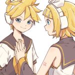  1boy 1girl aqua_eyes arm_warmers bangs bare_shoulders black_collar blonde_hair bow collar commentary grey_collar hair_bow hair_ornament hairclip hands_together headphones highres kagamine_len kagamine_rin m0ti nail_polish necktie open_mouth palms_together sailor_collar school_uniform shirt short_hair short_ponytail short_sleeves shoulder_tattoo sketch sleeveless sleeveless_shirt smile spiky_hair swept_bangs tattoo upper_body vocaloid white_background white_bow white_shirt yellow_nails yellow_neckwear 