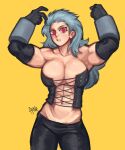  1girl abs breasts corset dorohedoro earrings gabriel_ales gloves highres jewelry large_breasts long_hair looking_at_viewer muscular muscular_female navel noi_(dorohedoro) red_eyes simple_background solo white_hair 