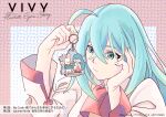  1girl blue_eyes blue_hair character_name company_name copyright_name ebisu_takuma hair_between_eyes hand_on_own_cheek hand_on_own_face hand_up keychain looking_at_object official_art upper_body vivy vivy:_fluorite_eye&#039;s_song watermark wit_studio 