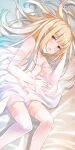  1girl arm_behind_head arm_up bangs bare_shoulders bed_sheet blonde_hair blue_hair comah dress elbow_gloves eyebrows_visible_through_hair gloves gradient_hair highres long_hair looking_at_viewer lying multicolored_hair on_side open_mouth original red_eyes solo strap_slip thigh-highs white_dress white_gloves white_legwear 