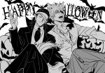  2boys animal animal_ear_fluff animal_ears bandage_over_one_eye bandages bat closed_mouth collarbone collared_jacket collared_shirt cowboy_shot crossed_legs dog_ears dress_shirt eyepatch fang fang_necklace getou_suguru gojou_satoru greyscale hand_up happy_halloween jack-o&#039;-lantern jacket jujutsu_kaisen long_sleeves looking_at_viewer male_focus medium_hair monochrome multiple_boys necktie one_eye_covered open_mouth pants partially_unbuttoned shirt simple_background sitting sleeves_rolled_up smile tekla tongue tongue_out vest 