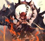  1girl absurdres arknights bare_shoulders demon demon_girl dress highres holding holding_weapon jacket long_hair looking_at_viewer redhead slit_pupils solo superman3go surtr_(arknights) sword violet_eyes weapon 