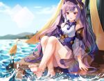  1girl bangs barefoot blue_skirt detached_sleeves frilled_skirt frills genshin_impact hair_cones helawid keqing_(genshin_impact) looking_at_viewer open_mouth purple_hair sitting skirt solo twintails violet_eyes water 
